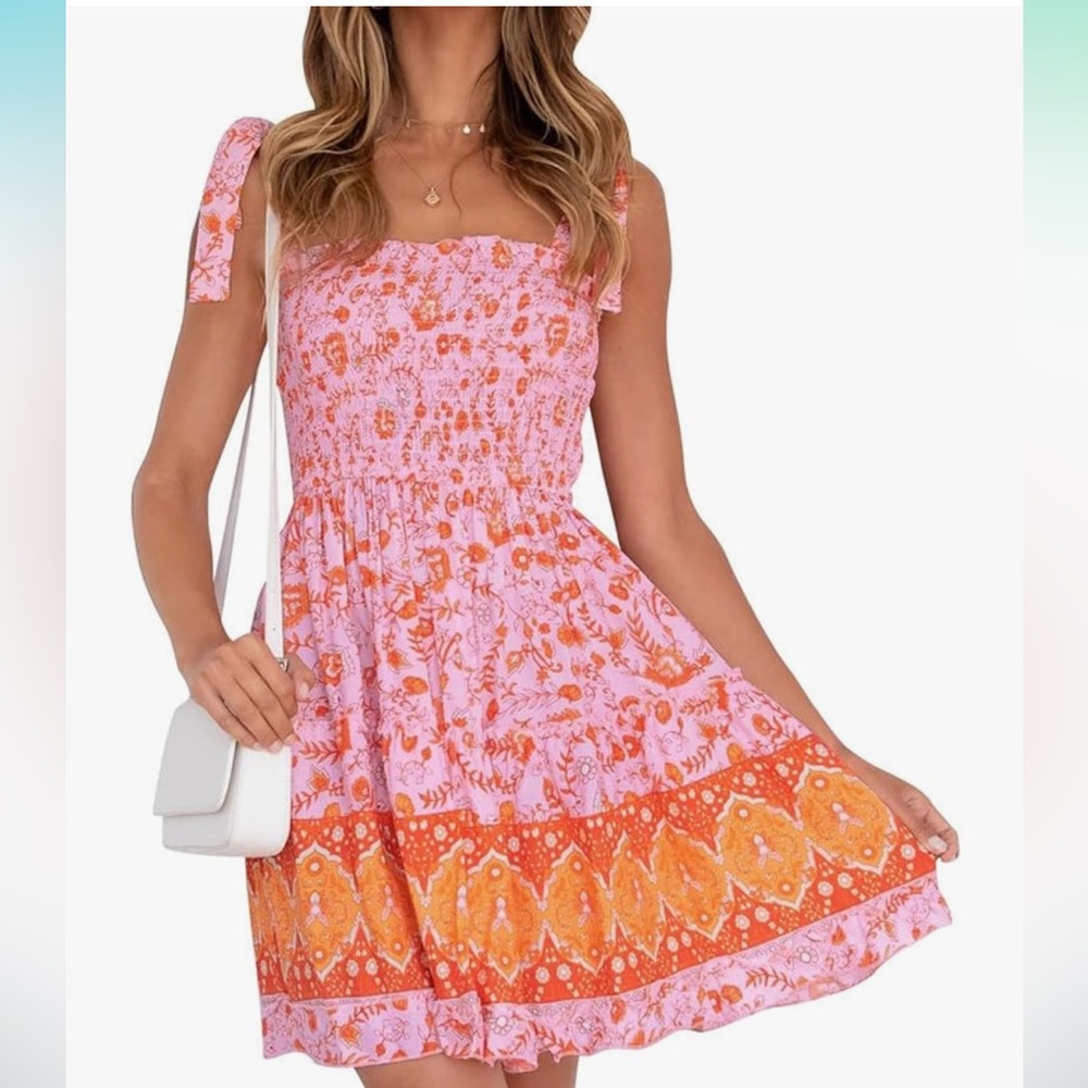 Zesica pink orange floral boho dress
